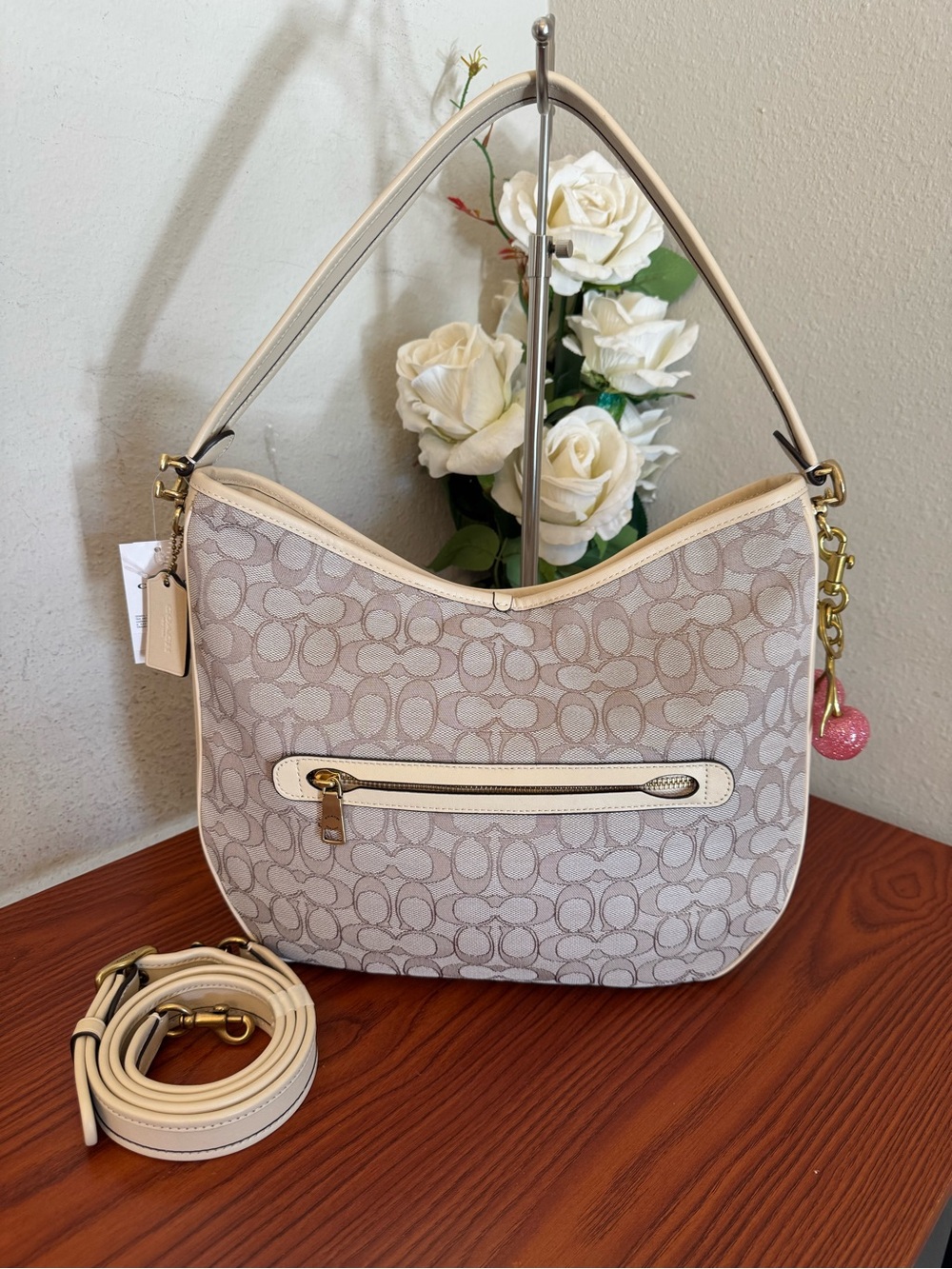 Coach Beige Signature Jacquard Hobo with Cream Trim